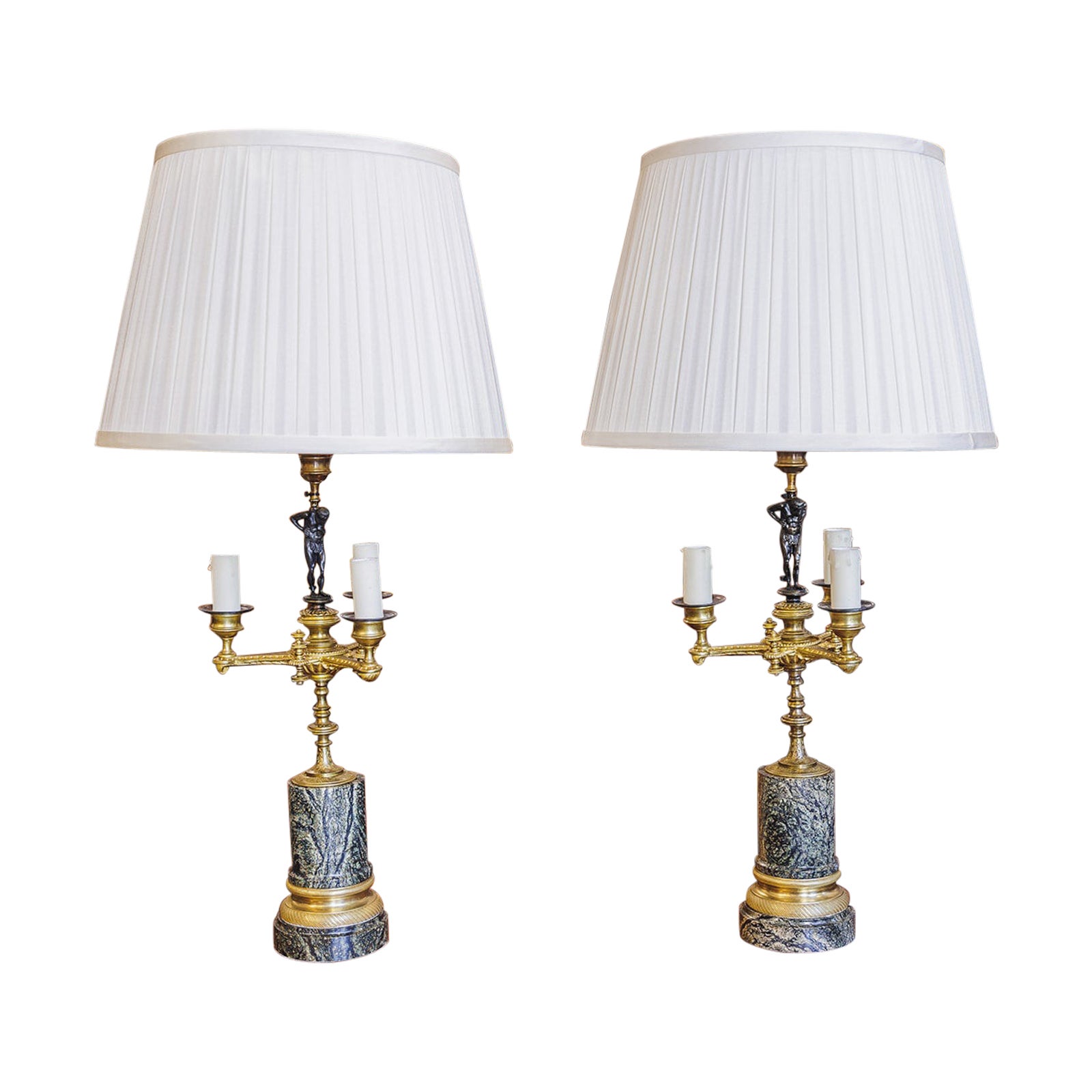 A fine pair of Regency marble and bronze candelabra lamps  For Sale
