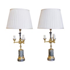 A fine pair of Regency marble and bronze candelabra lamps 