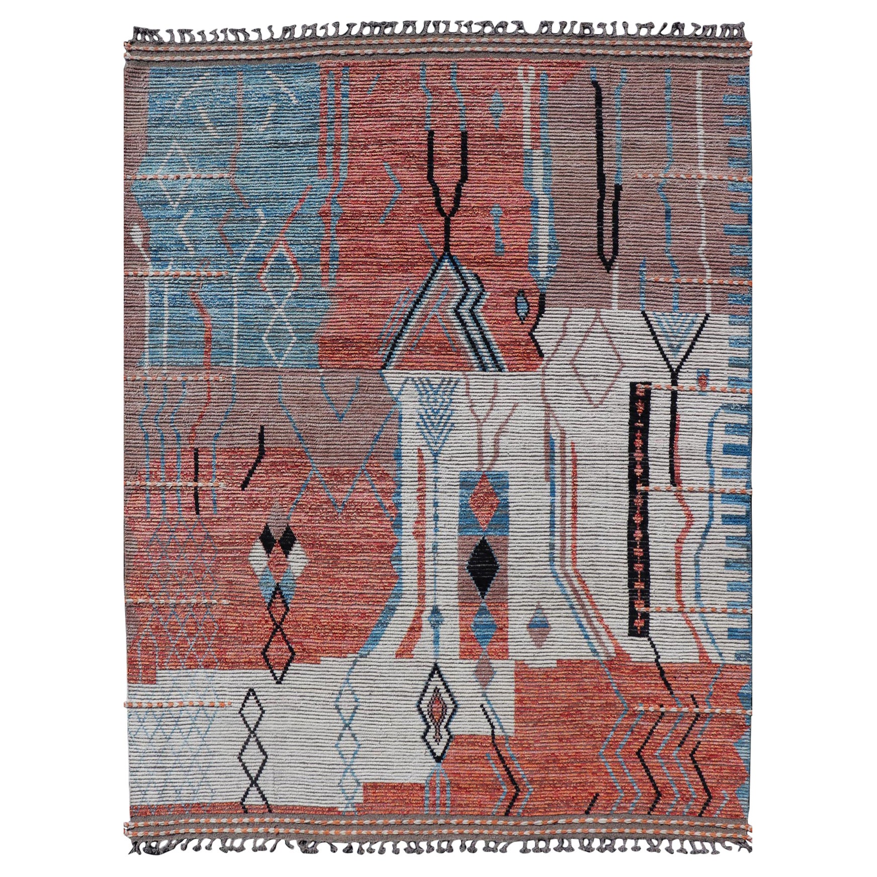 Moderner marokkanischer Teppich mit abstraktem Design und Kupfer, Lt. Blau und Elfenbein 