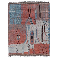 Moderner marokkanischer Teppich mit abstraktem Design und Kupfer, Lt. Blau und Elfenbein 