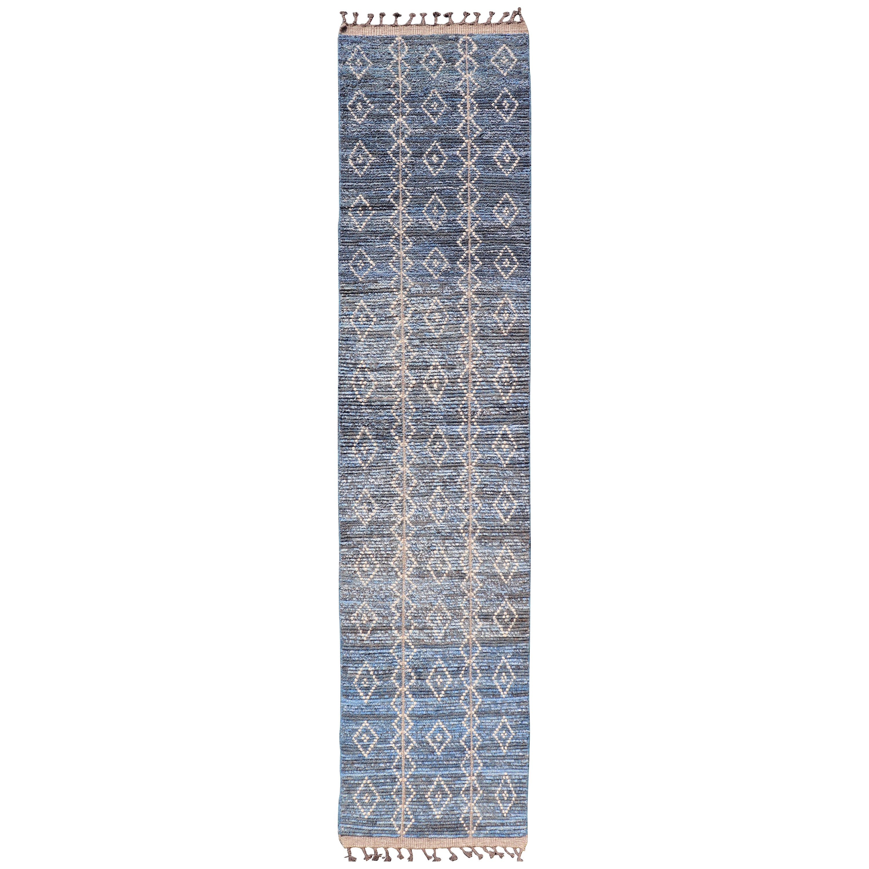 Modern Moroccan Runner with Sub-Geometric Diamond Design in Blue and Ivory  For Sale