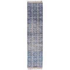 Modern Moroccan Runner with Sub-Geometric Diamond Design in Blue and Ivory 