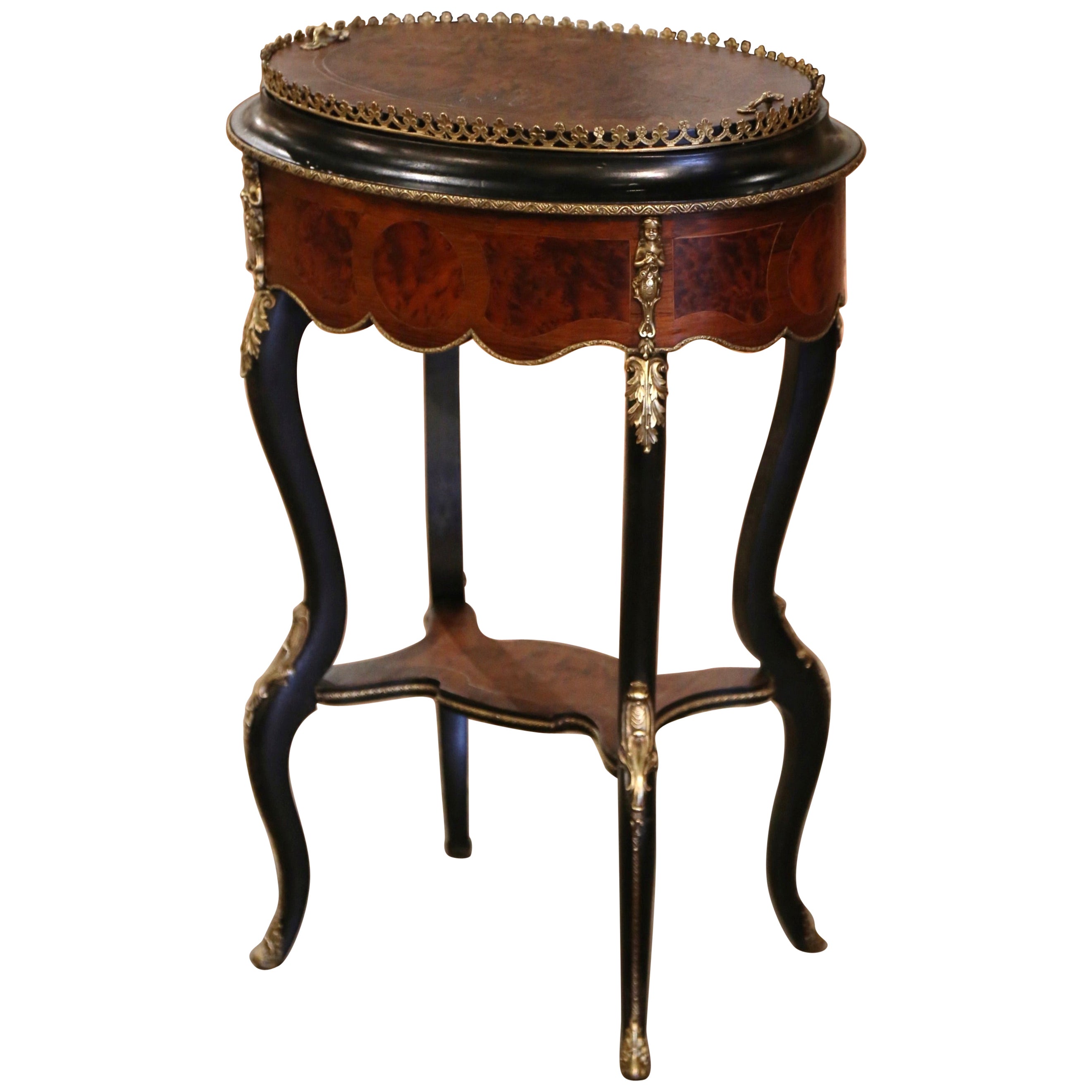 19th Century French Napoleon III Burl Walnut Marquetry and Bronze Plant Stand 