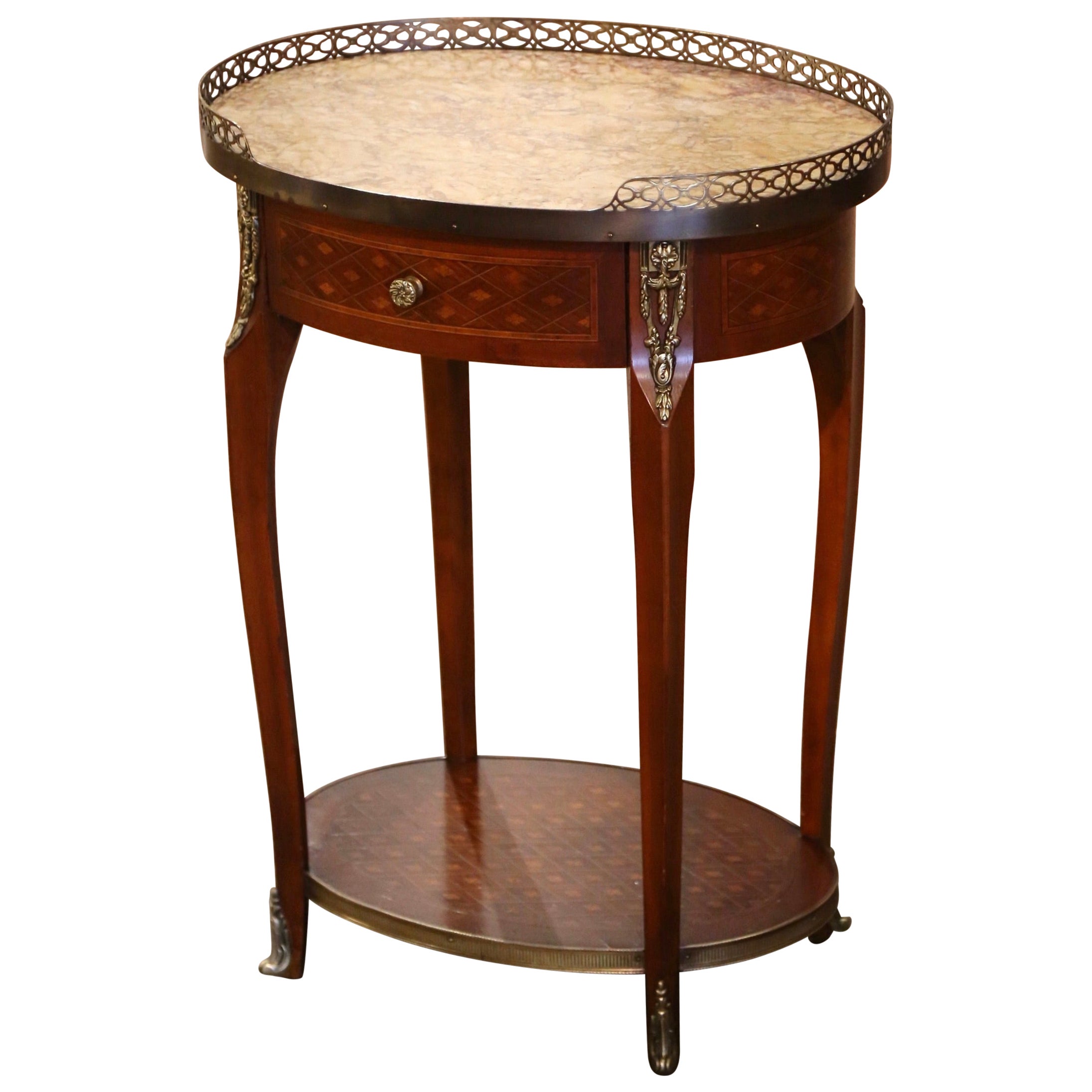 Mid-Century Louis XV French Marble Top Walnut Marquetry Oval Side Table For Sale
