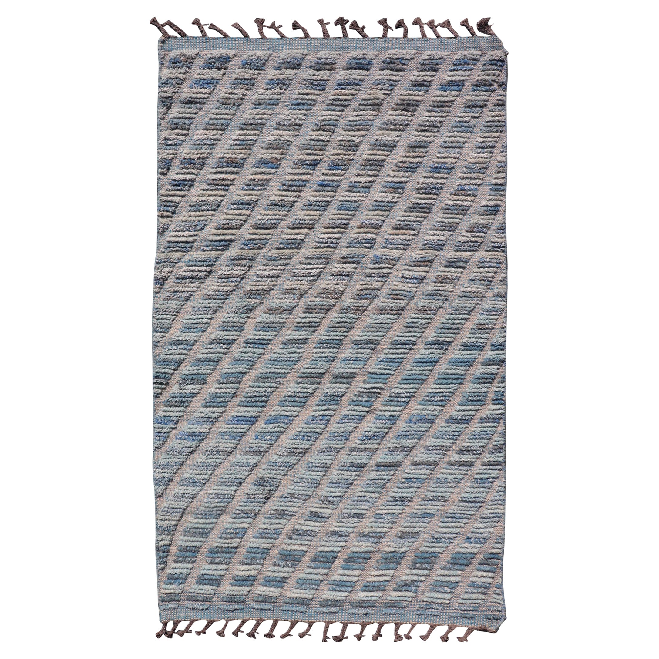 Modern Rug in Wool with Sub-Geometric Stripe Design in Blue With High and Low  For Sale