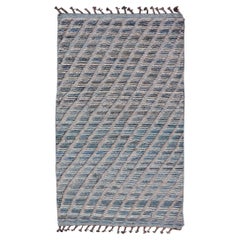 Modern Rug in Wool with Sub-Geometric Stripe Design in Blue With High and Low 