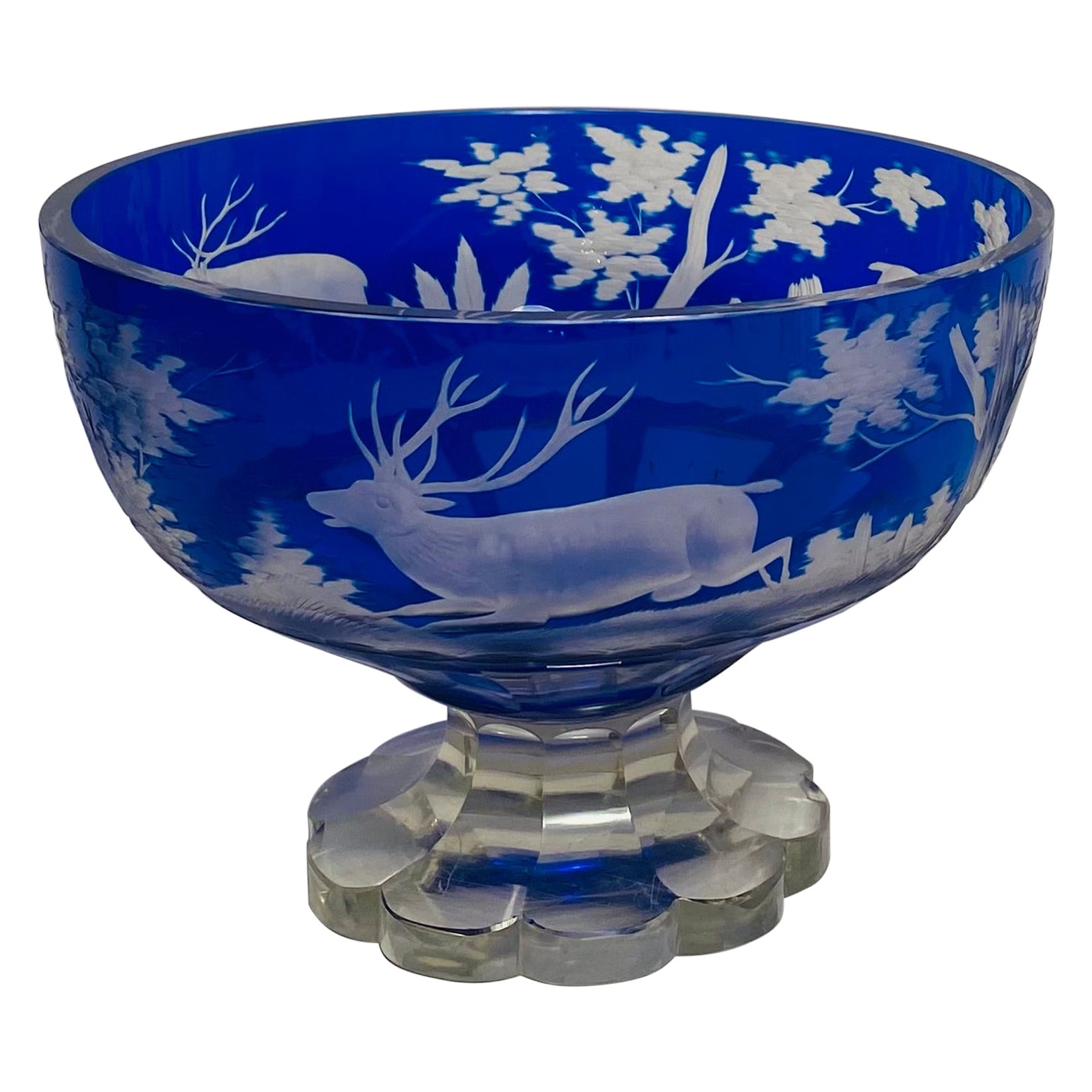 19th Century Cobalt Blue Crystal Centerpiece, Stag, Deer & Scenic Surround For Sale