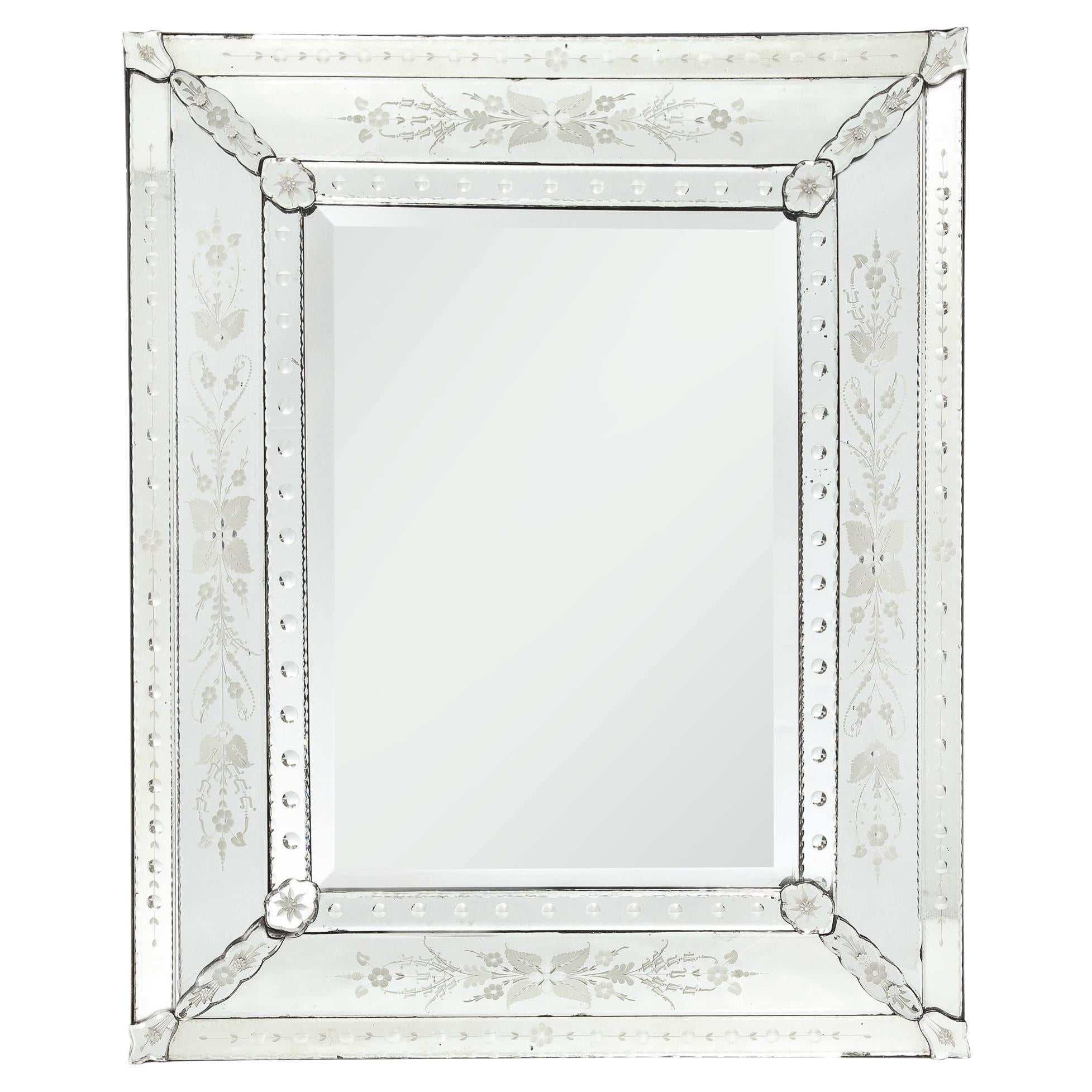 Mid-Century Venetian Mirror Reversed Etched w/ Floral Appliques & Beveled Detail For Sale