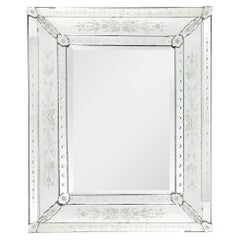 Retro Mid-Century Venetian Mirror Reversed Etched w/ Floral Appliques & Beveled Detail