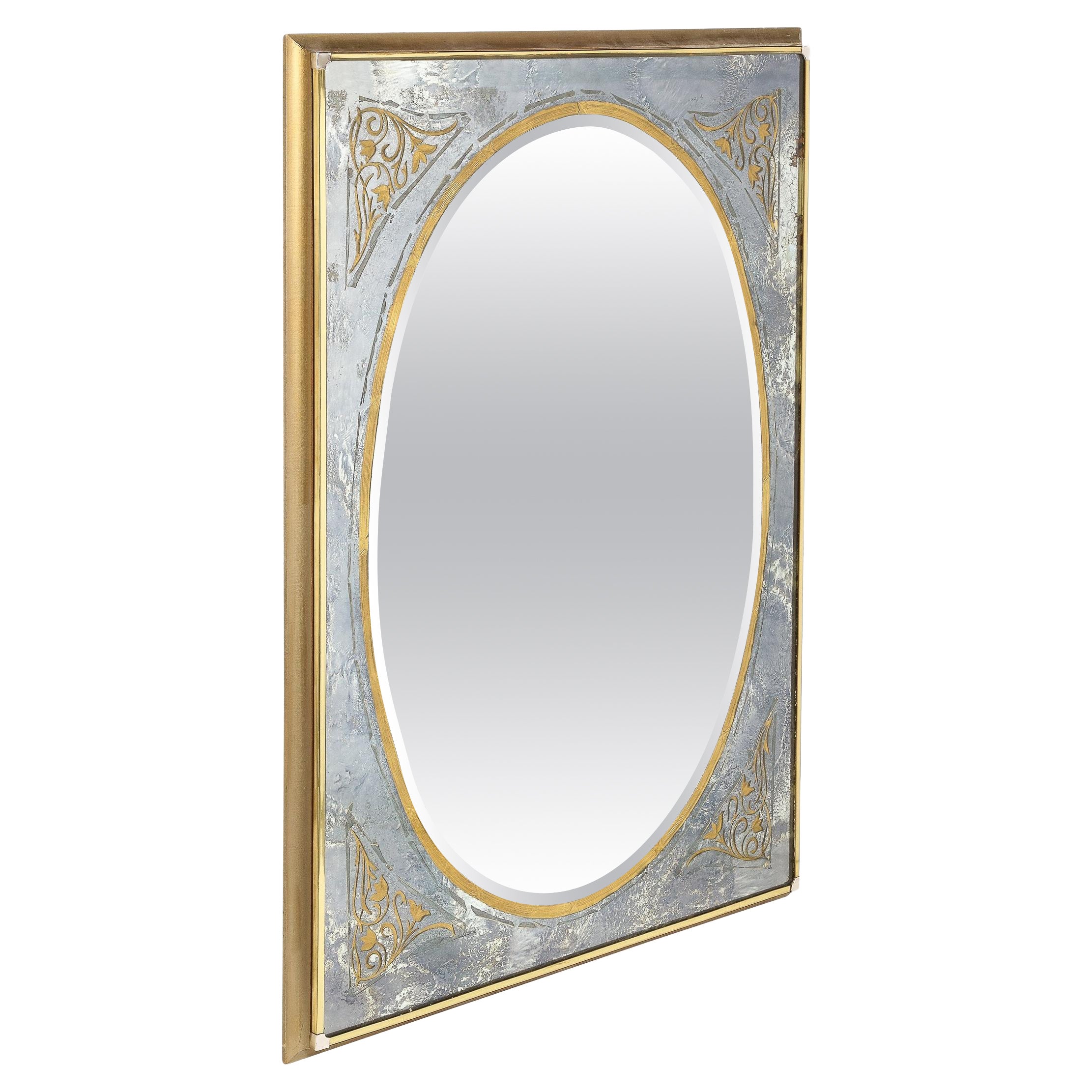 Mid-Century Modernist Mirror in Gilt Eglomise w/ Antiqued Smoked Border For Sale