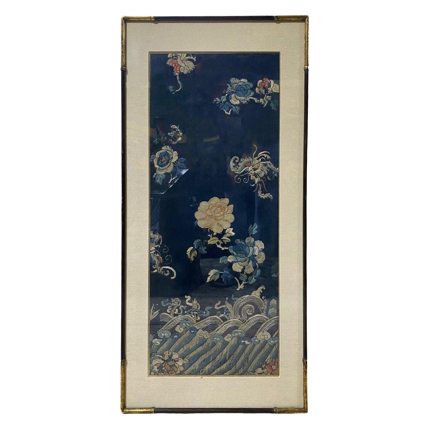 Japanese Asian Framed Meiji Peroid Silk Floral Flower Embroidery Textile Panel