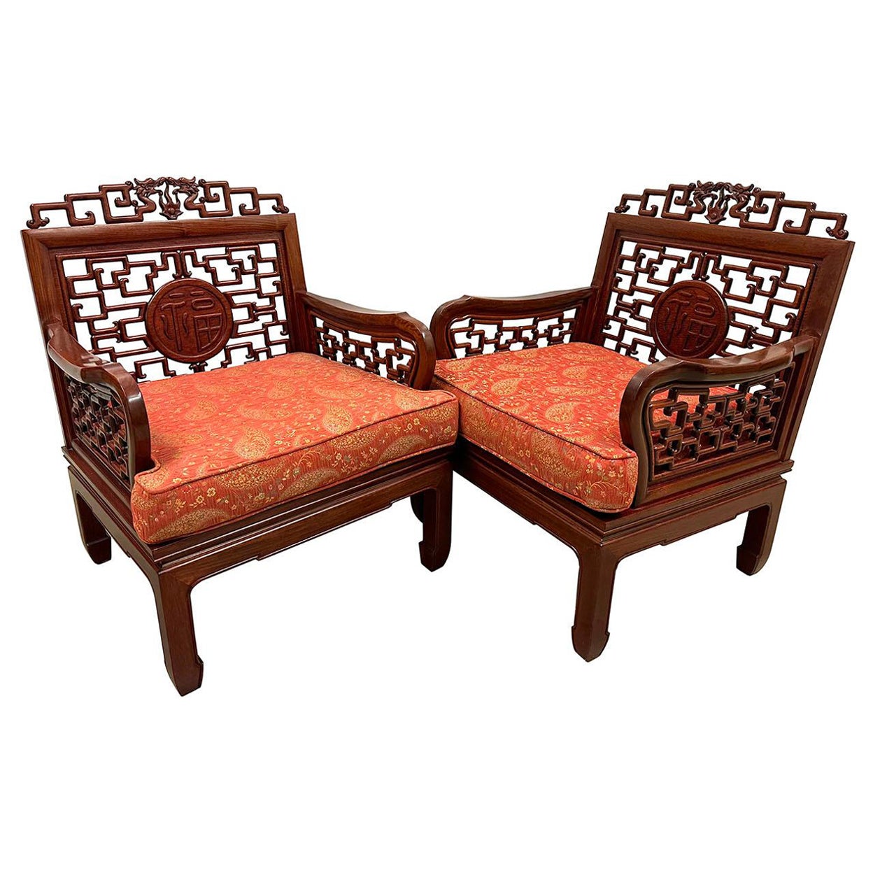 Mid 20th Century Vintage Chinese Carved Rosewood Living Room Chairs Set For Sale