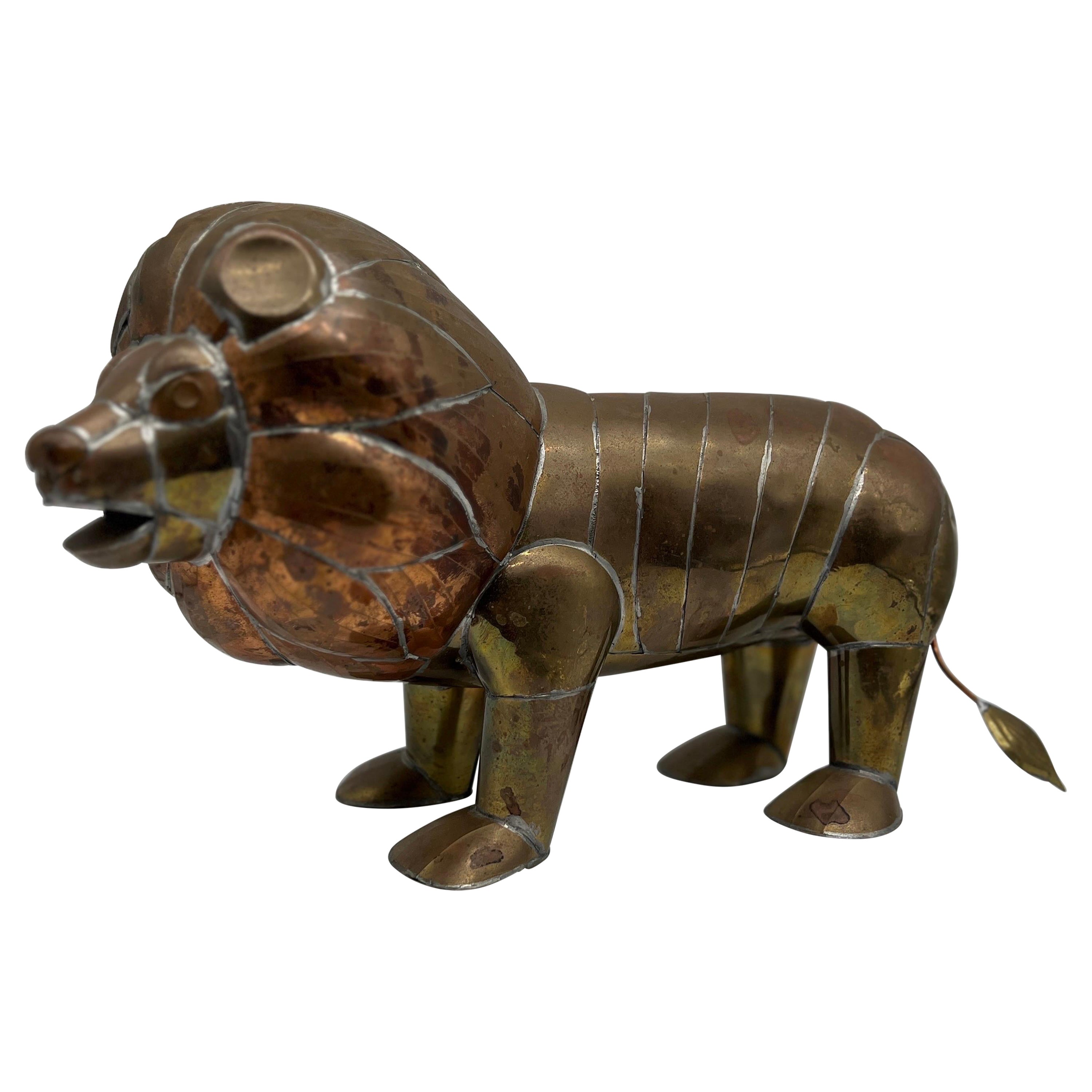 Mid Century Mexican Mixed Metal Copper & Brass Lion Attributed to Bustamante