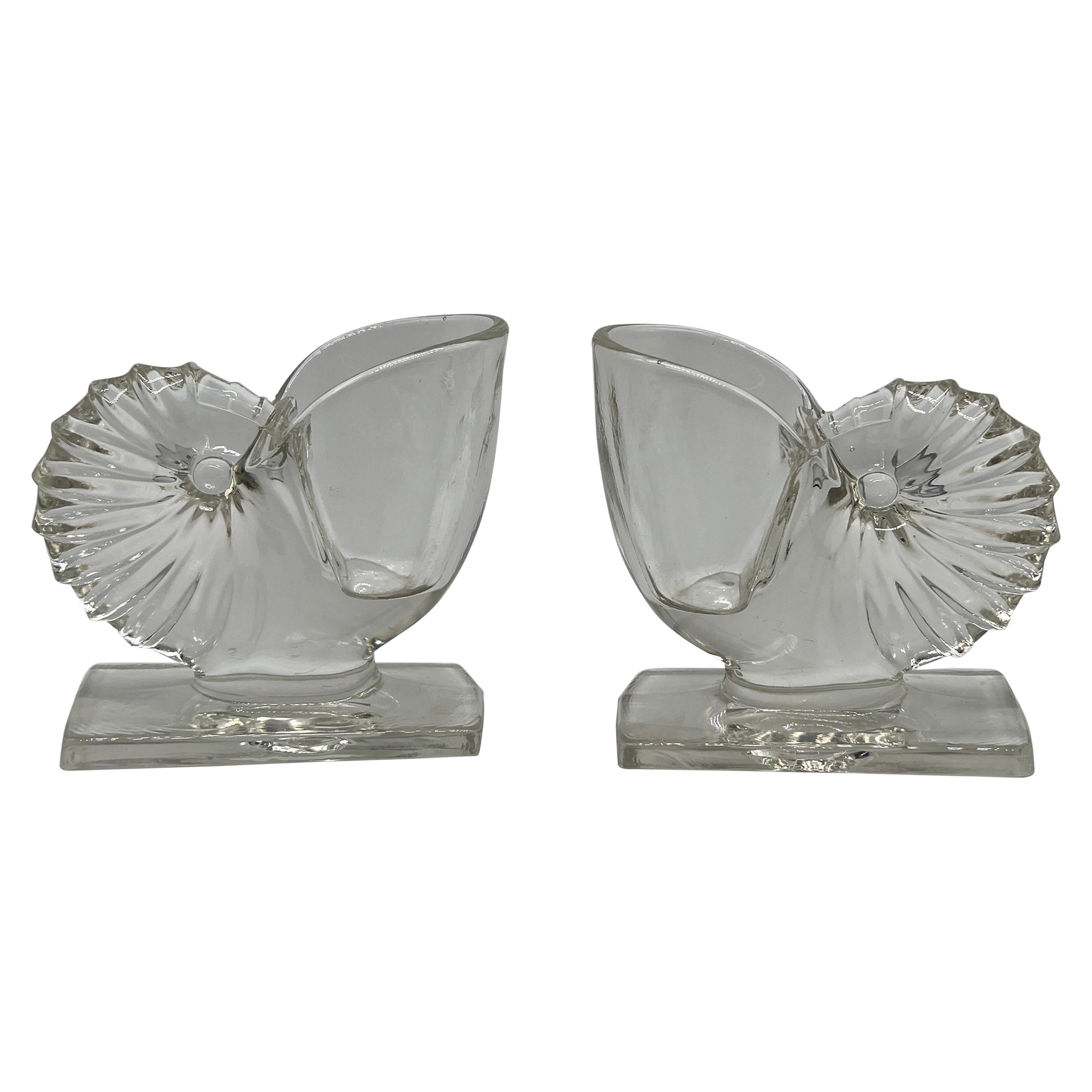 Pair, Vintage Martinsville Glass Nautilus Seashell Form Vases or Bookends  For Sale