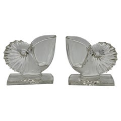 Pair, Vintage Martinsville Glass Nautilus Seashell Form Vases or Bookends 