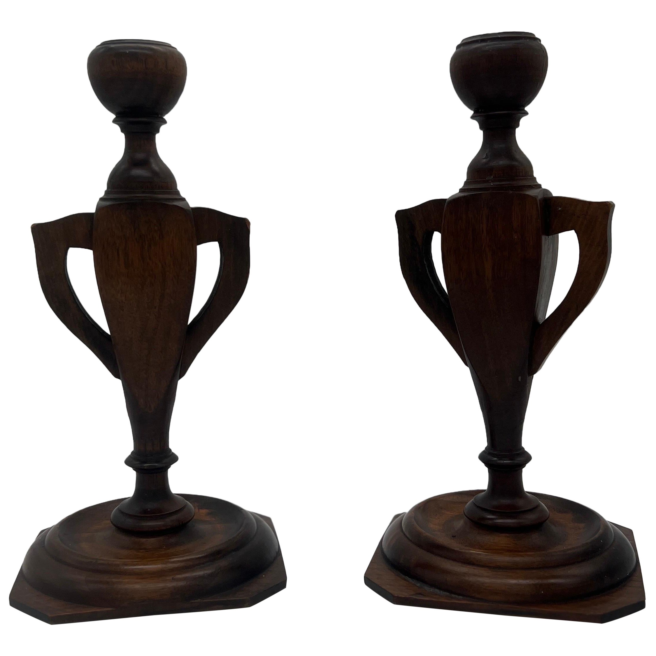 Pair, Arts & Crafts Trophy Urn Form Carved Wood Candlesticks Circa 1910 For Sale