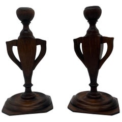 Antique Pair, Arts & Crafts Trophy Urn Form Carved Wood Candlesticks Circa 1910