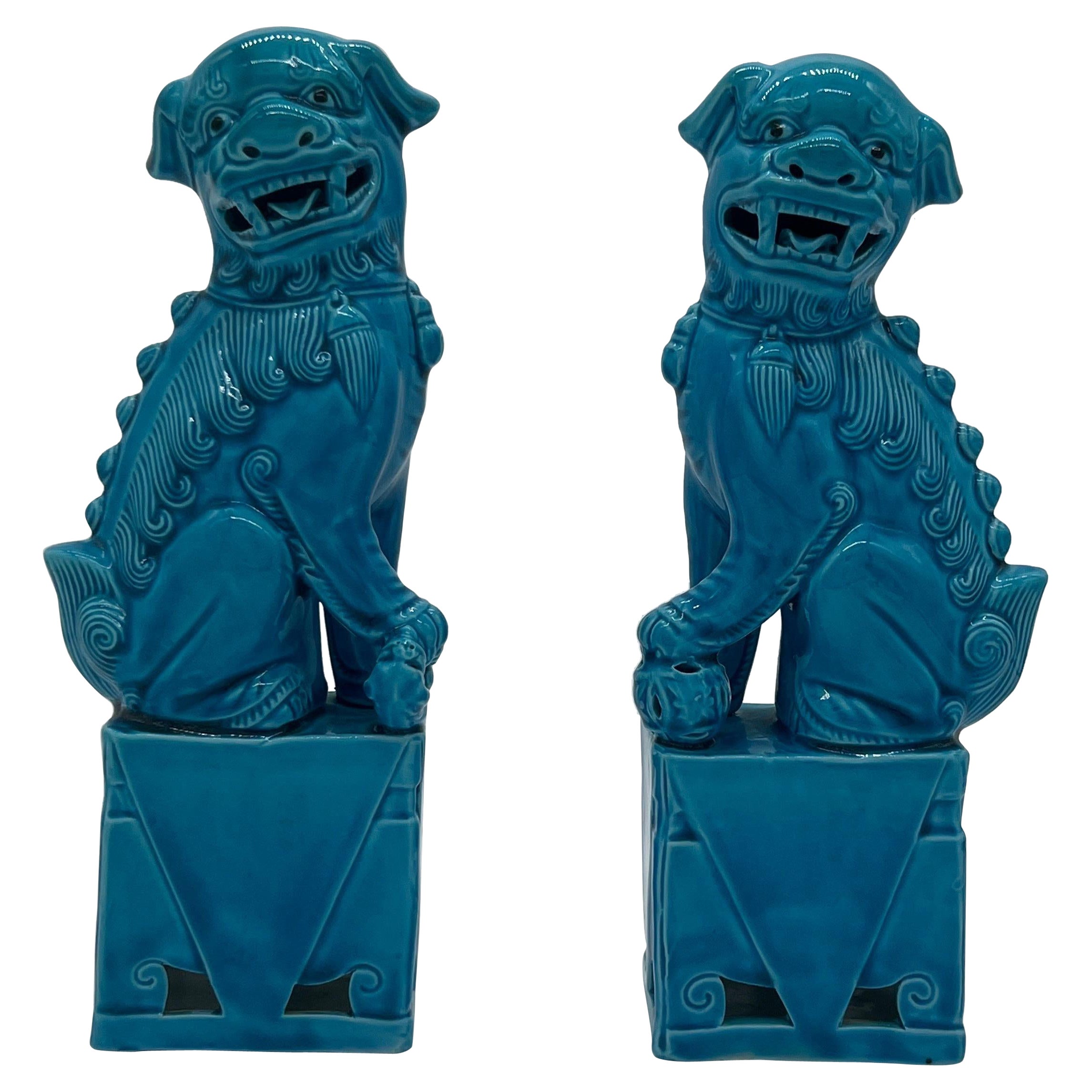 Pair, Chinese Blue Turquoise Glazed Standing Ceramic Foo Dogs For Sale