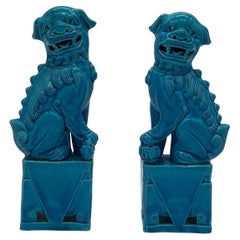 Paire de chiens de chasse en céramique chinoise émaillée bleu turquoise sur pied