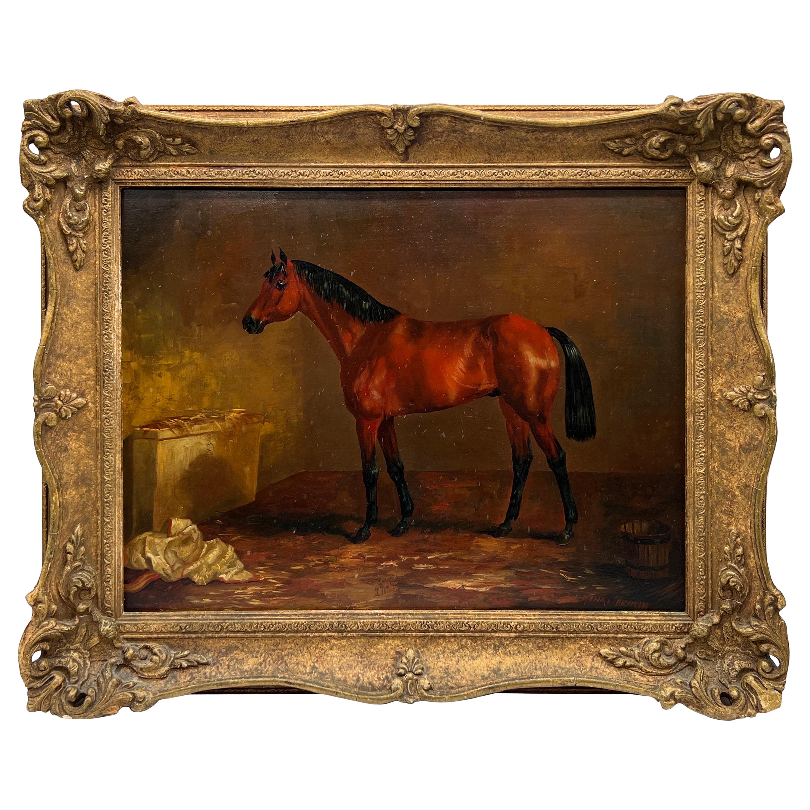 Henri Braun, Equestrian Race Horse in Stable Oil on Board C. 1905 For Sale