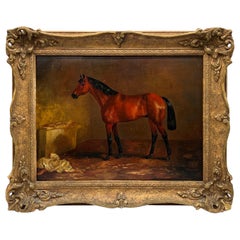 Henri Braun, cheval de course équestre dans une écurie, huile sur panneau, vers 1905