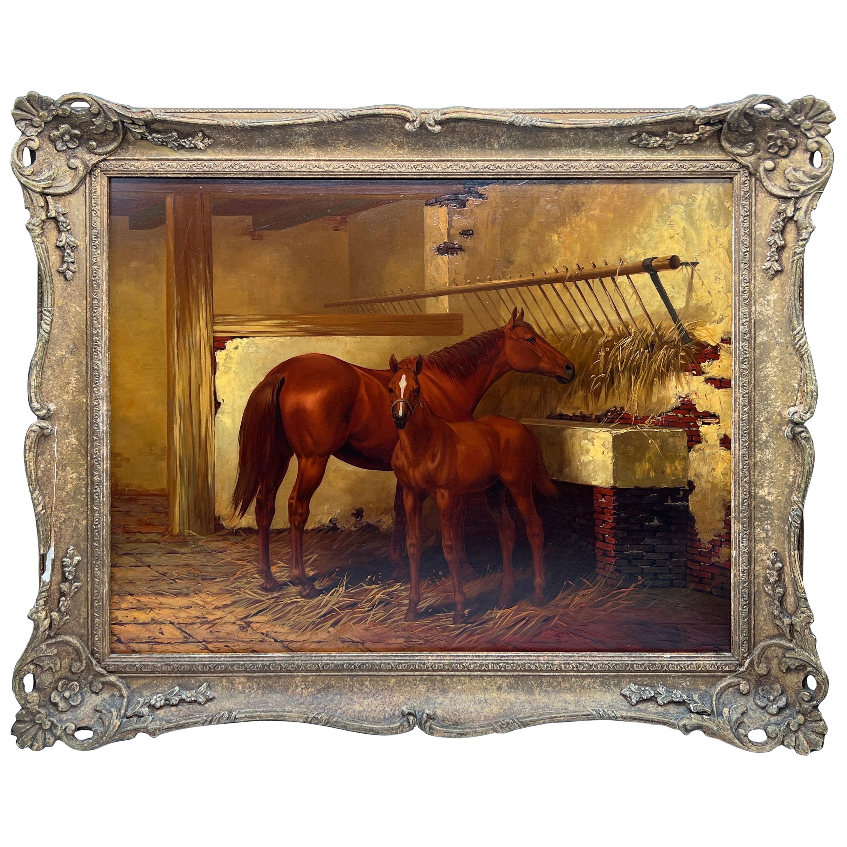 Superb Quality - Antique Equestrian Mare & Foal Stable Painting Illegibly Signed For Sale