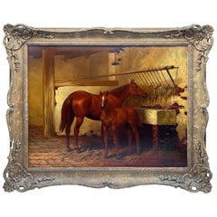 Superbe peinture équestre ancienne de Mare & Foal Stable signée illisible