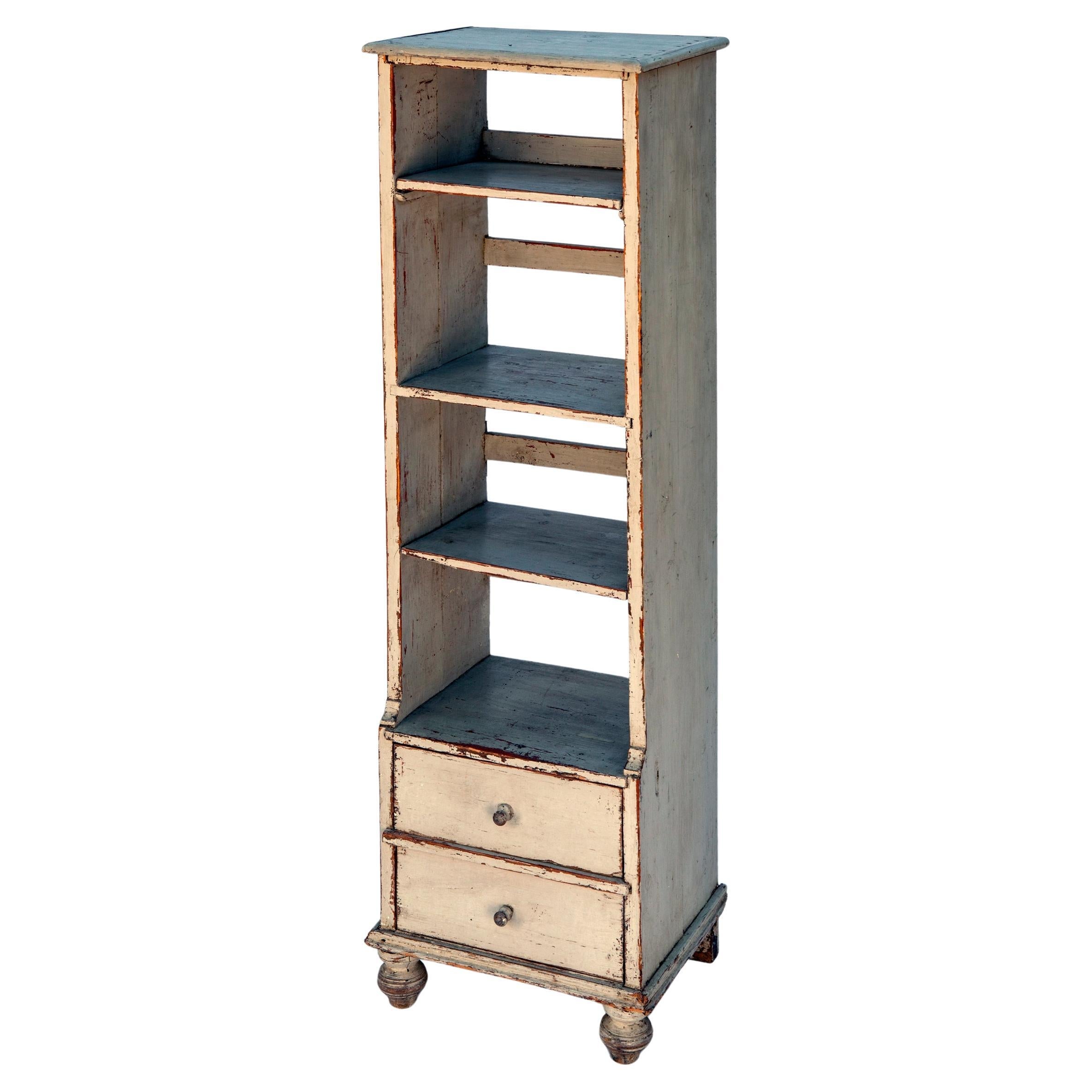 Shabby Gray Hardwood Standing Shelves w Two Lower Drawers For Sale