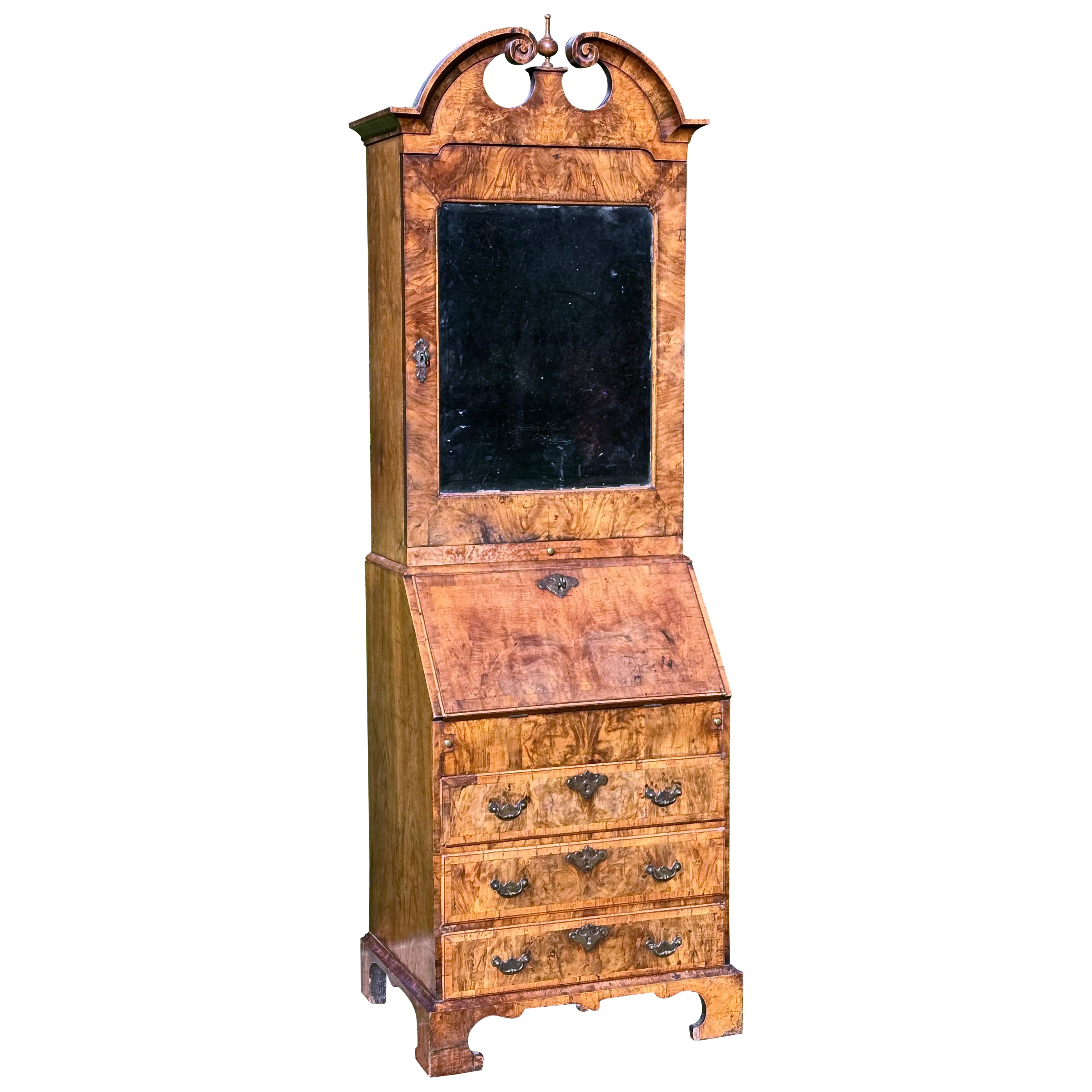 Rare small early-18th century walnut bureau bookcase cabinet