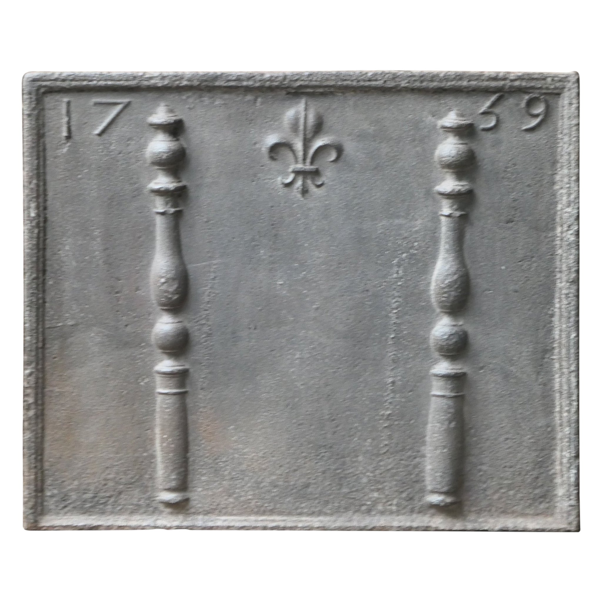 18th C. French Louis XV Fireback / Backsplash with Pillars and Fleur De Lys For Sale