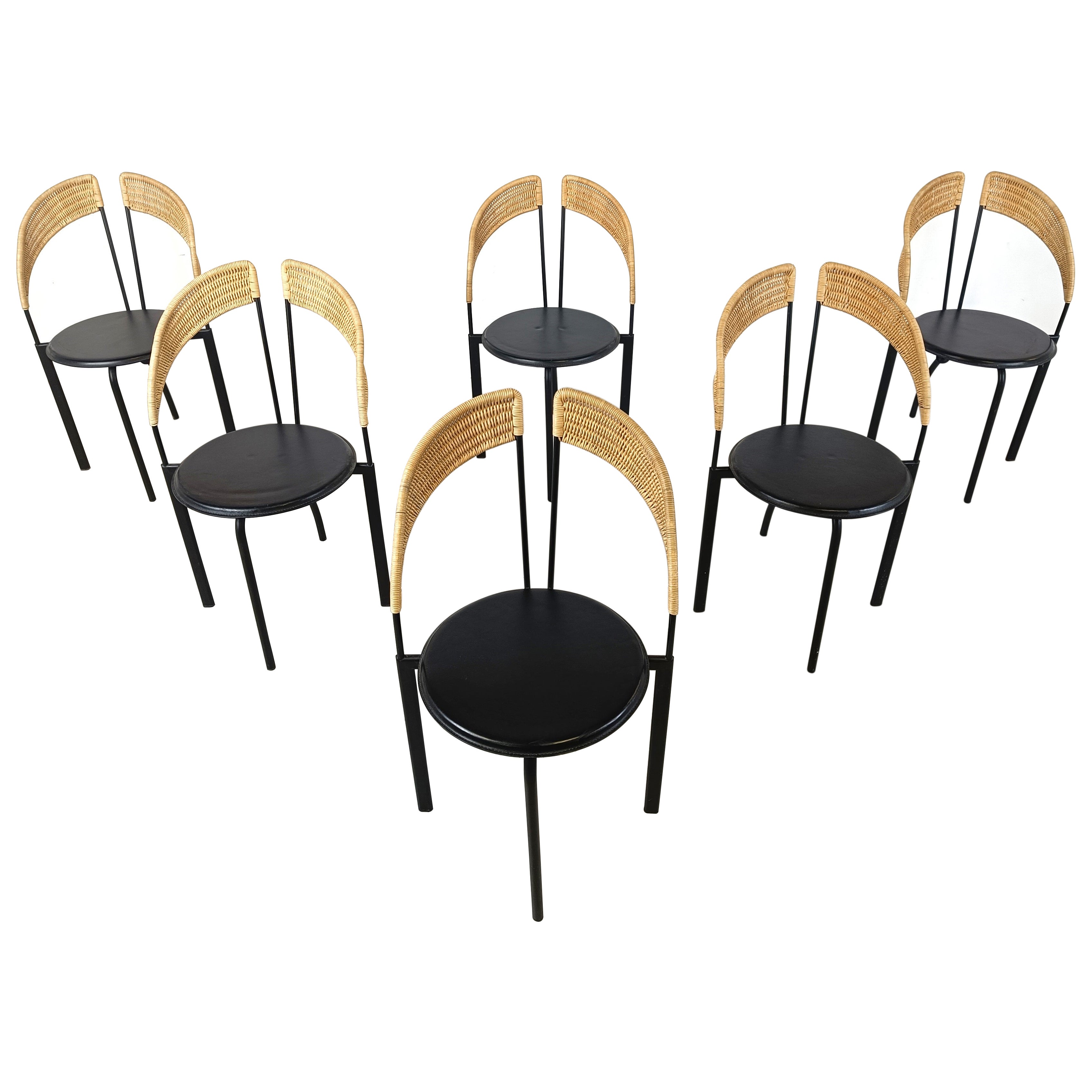 Set of 6 italian postmodern wicker and metal dining chairs, 1980s For Sale