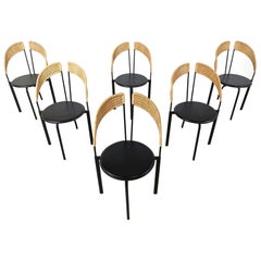 Set of 6 italian postmodern wicker and metal dining chairs, 1980s