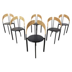 Vintage Set of 6 italian postmodern wicker and metal dining chairs, 1980s
