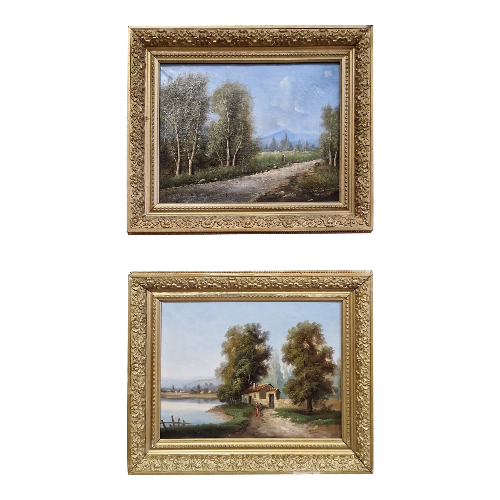 Pair of Antique Oil Paintings 19th Century Signed Lambert For Sale