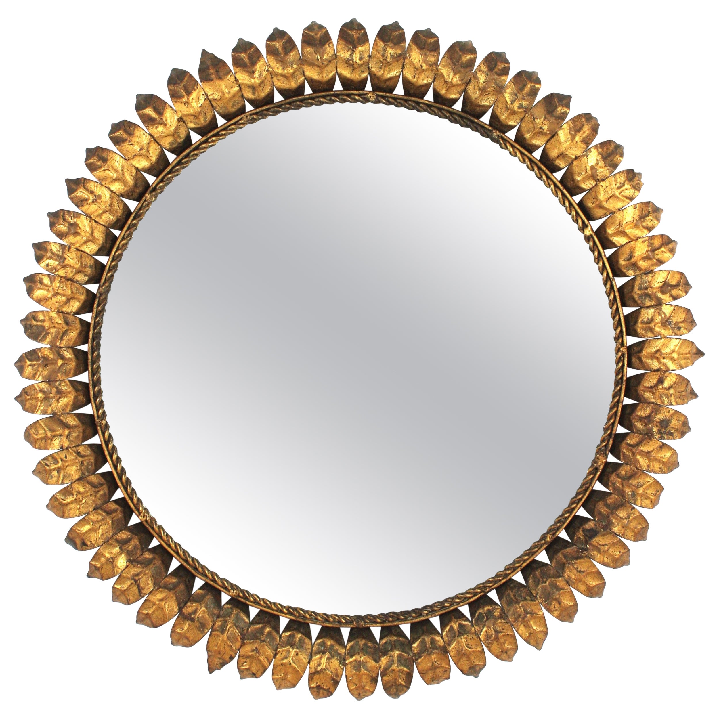 Spanish Sunburst Flower Mirror in Gilt Iron, 1950s