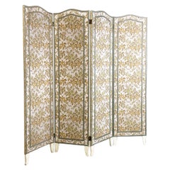Vintage Italian floral fabric folding screen with wooden feet, ca. 1940.