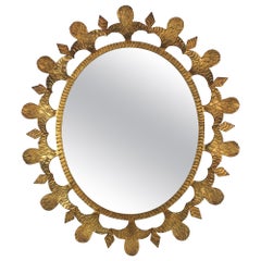 Brutalist Sunburst Oval Mirror in Gilt Wrought Iron