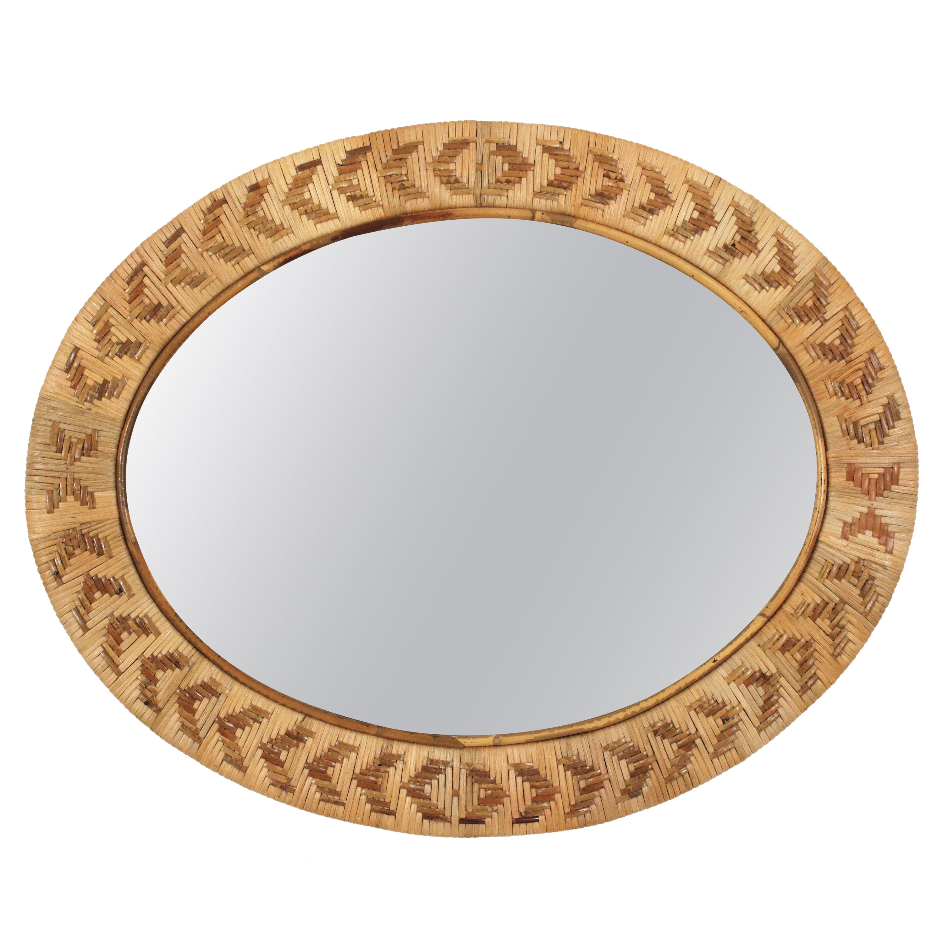 Spanish Rattan Wicker Hand Woven Oval Mirror, 1960s For Sale