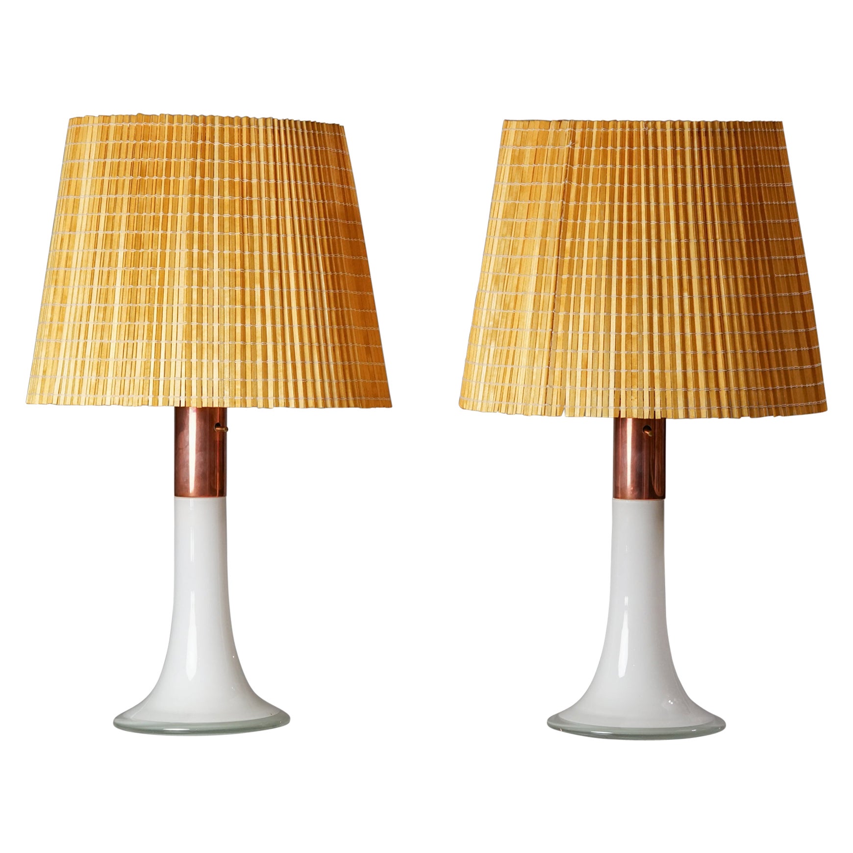 Pair of Lisa Johansson-Pape Glass Lamps With Wooden Slat Shades, Orno Oy, 1960s For Sale