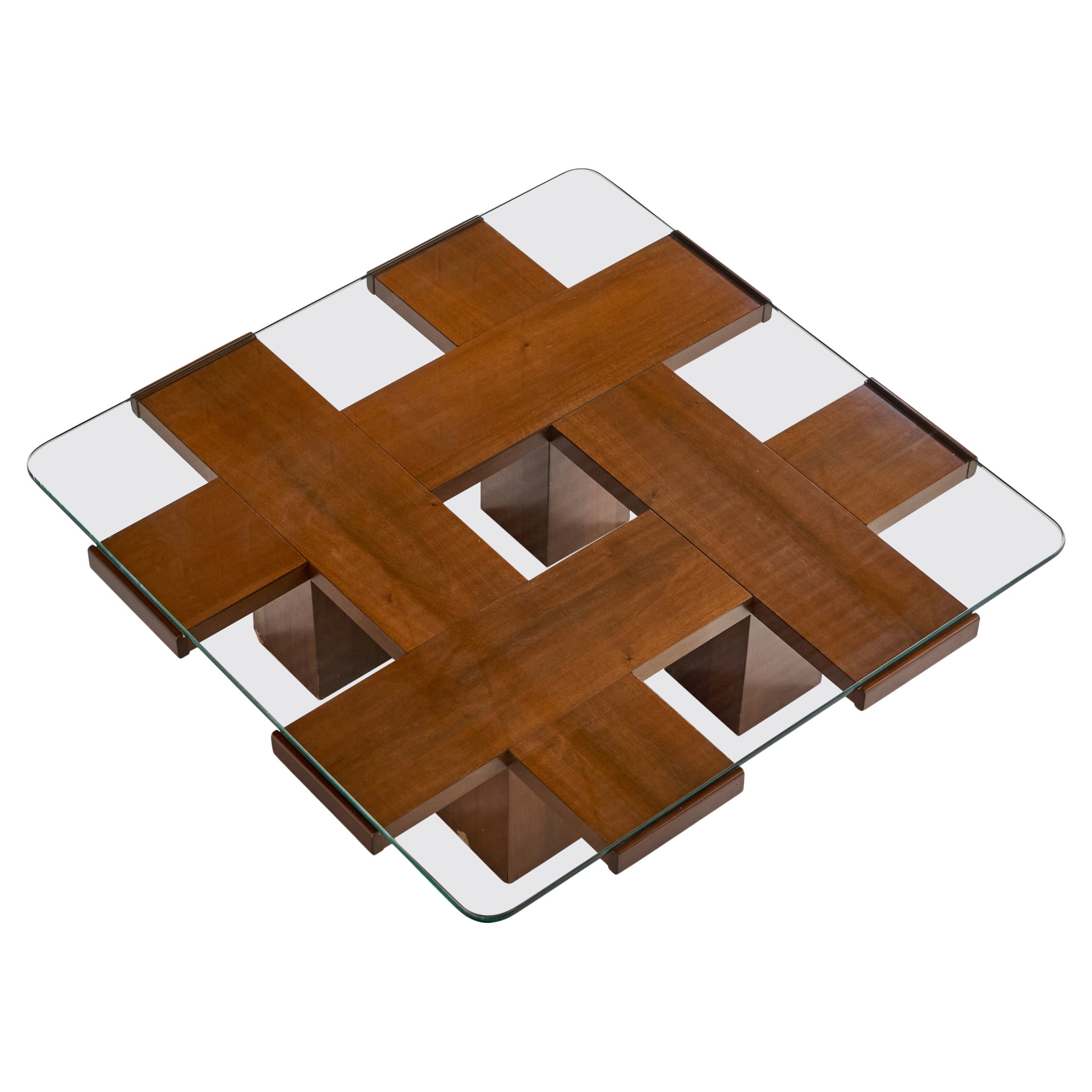 Italian Designer, Coffee Table, Walnut, Glass, Italy, 1950s For Sale