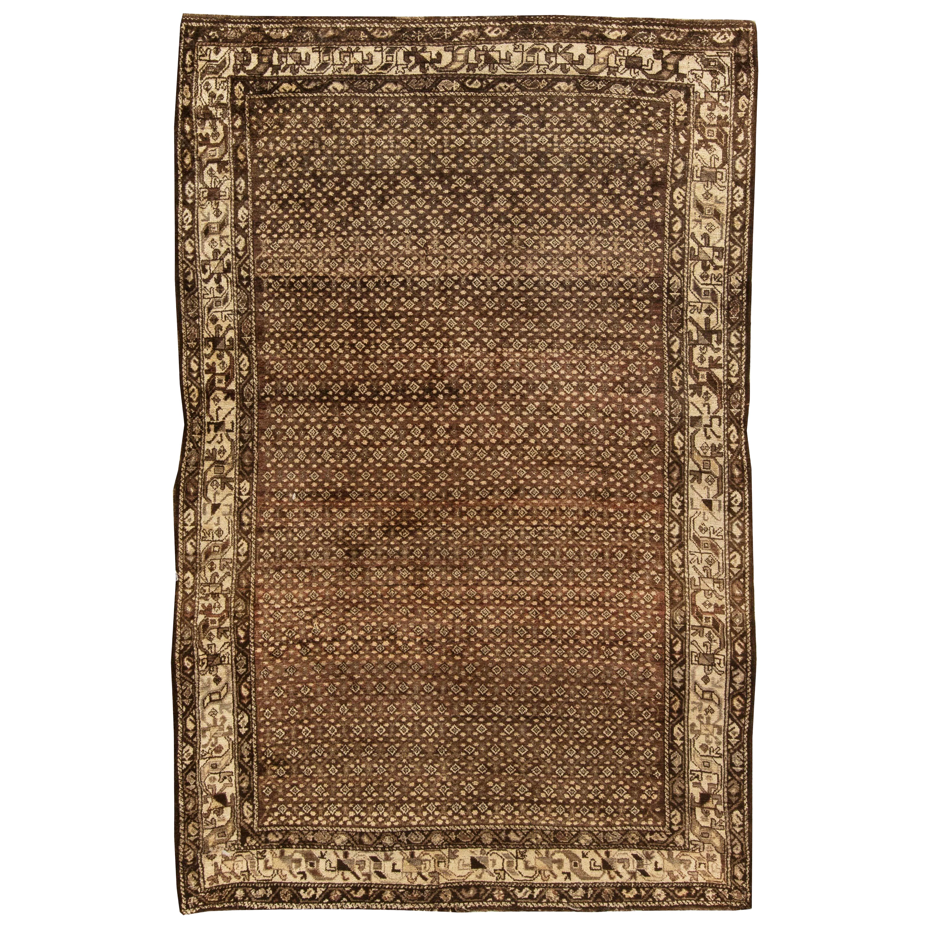 Antique Persian Malayer Brown Hand Knotted Wool Rug For Sale