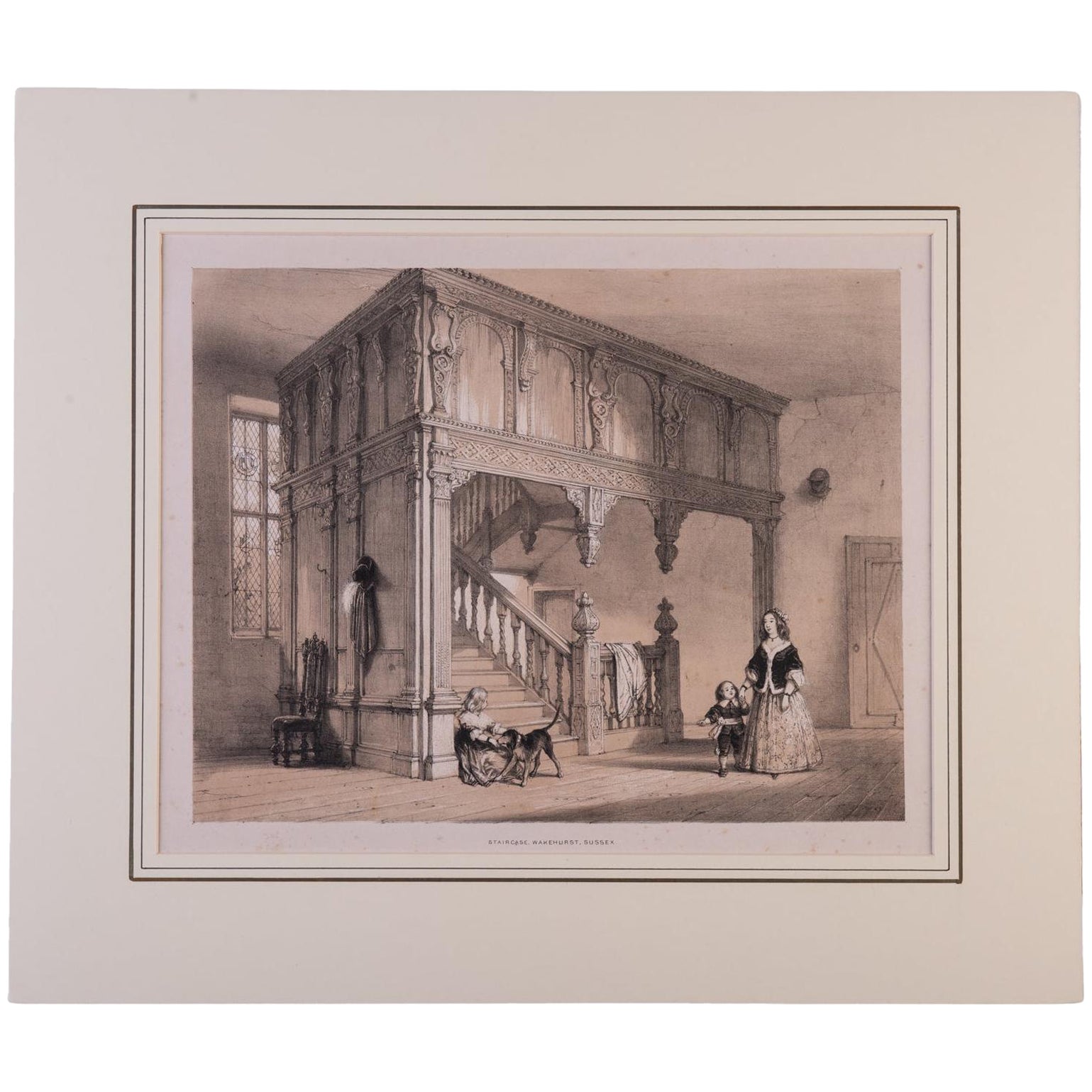 "Staircase, Wakehurst, Sussex" antique English Print by Joseph Nash For Sale