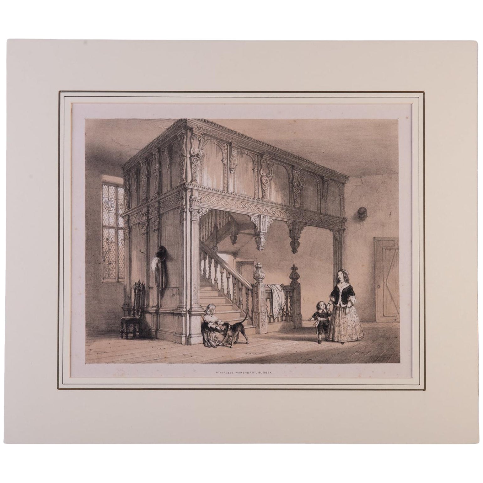 "Escalera, Wakehurst, Sussex" grabado inglés antiguo de Joseph Nash