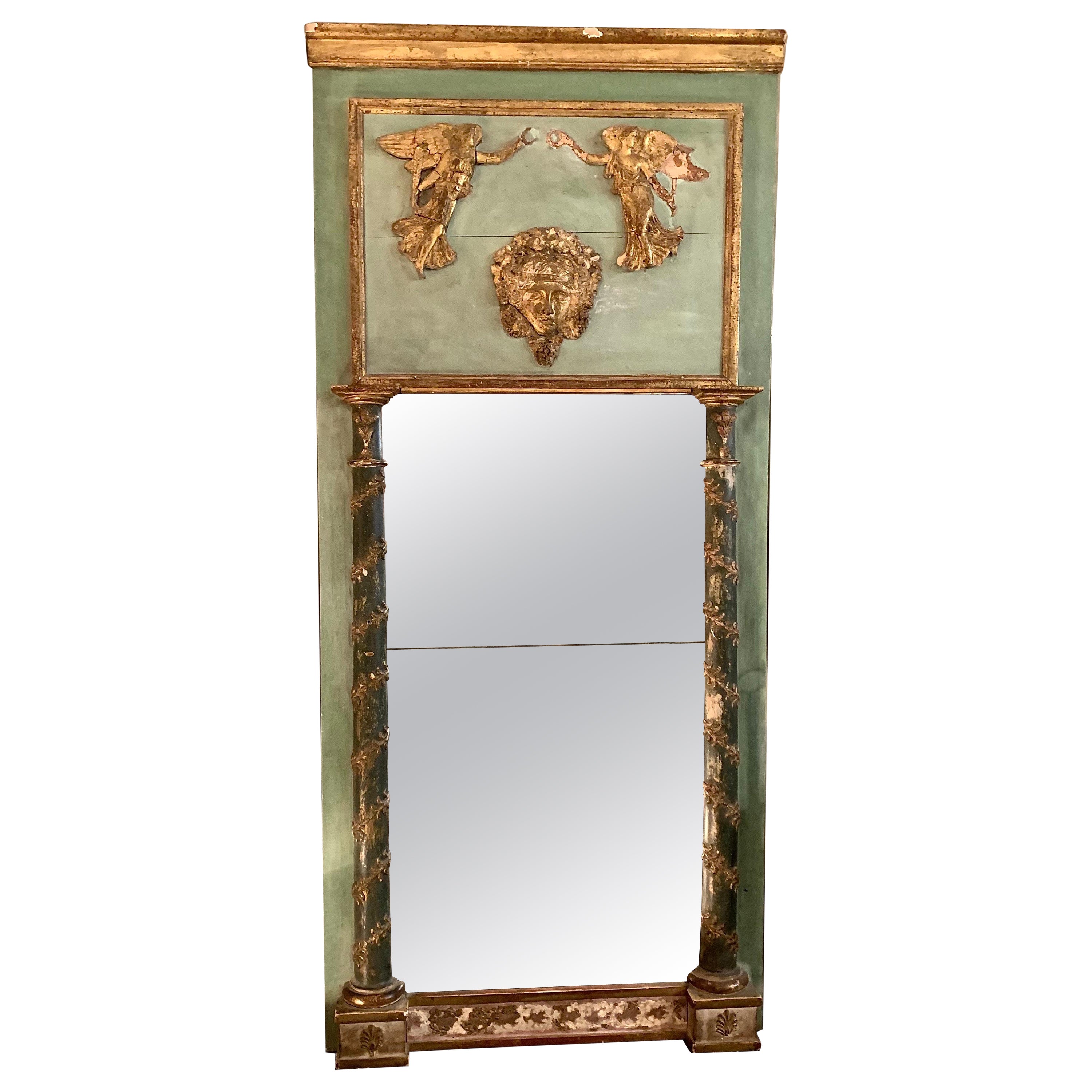 19th Century Gold Green Painted  Giltwood Empire Trumeau Mirror