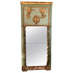 Antique 19th Century Gold Green Painted  Giltwood Empire Trumeau Mirror