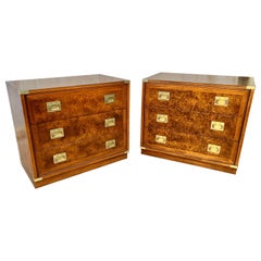 Retro Mid 20th C. Walnut, Burlwood and Brass Campaign Style Bachelor Chests - a Pair