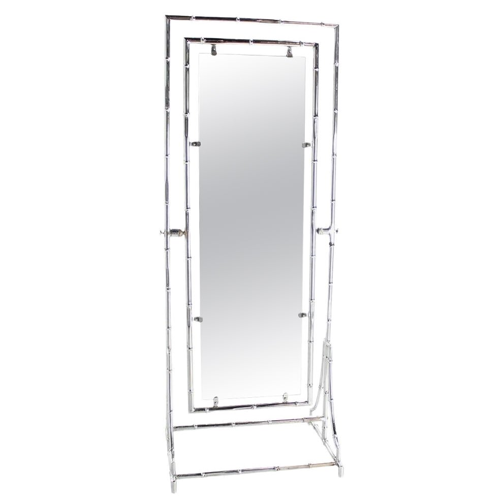 Mid Century Modern Chrome Faux Bamboo Metal Cheval Floor Mirror Double Sided  For Sale
