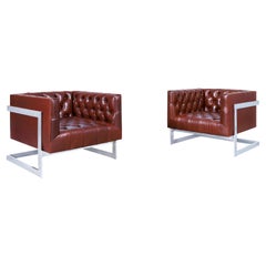 Vintage Leather and Chrome Diamond Tufted Lounge Chairs by Milo Baughman