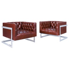 Vintage Leather and Chrome Diamond Tufted Lounge Chairs by Milo Baughman