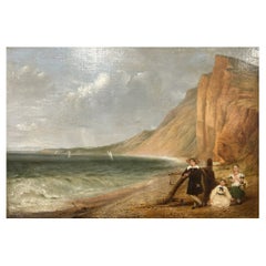 John Bridges - Charming Oil of Children in a Coastal Scene 1843